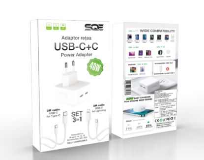 Imagine Set incarcator 40W Dual USB-C, PD 3.0 pentru iPhone 14, 13, 12 ProMax, iPad, 1 cablu date c-c, 1 cablu date lighting usb-C, 2m