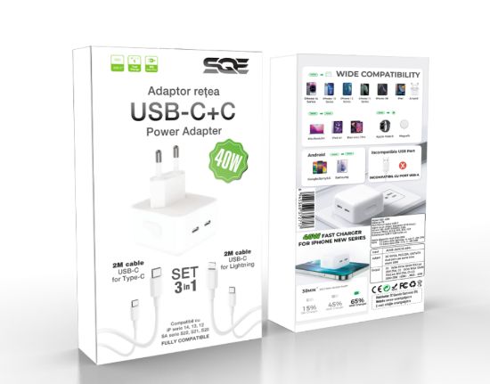 Imagine Set incarcator 40W Dual USB-C, PD 3.0 pentru iPhone 14, 13, 12 ProMax, iPad, 1 cablu date c-c, 1 cablu date lighting usb-C, 2m