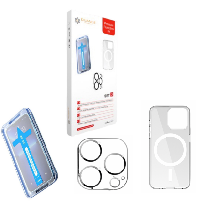 Imagine Set 3 bucati premium protectie kit, Folii sticla compatibil cu iPhone 13 Pro MAX  cu Easy Install Kit husa transparenta MagSafe, folie sticla protectie camere spate