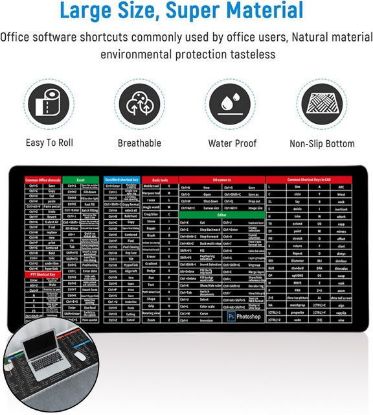 Imagine Mousepad Cu Taste Rapide In Engleza Pentru Birou, Negru 800 X 300 X 3 Mm